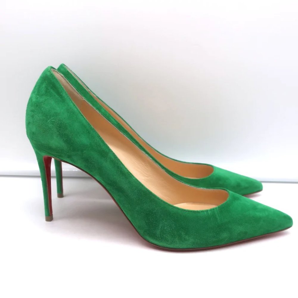 Christian Louboutin Kate 85 Pumps Green Suede Size 38 Pointed Toe Heels NEW - Picture 2 of 10